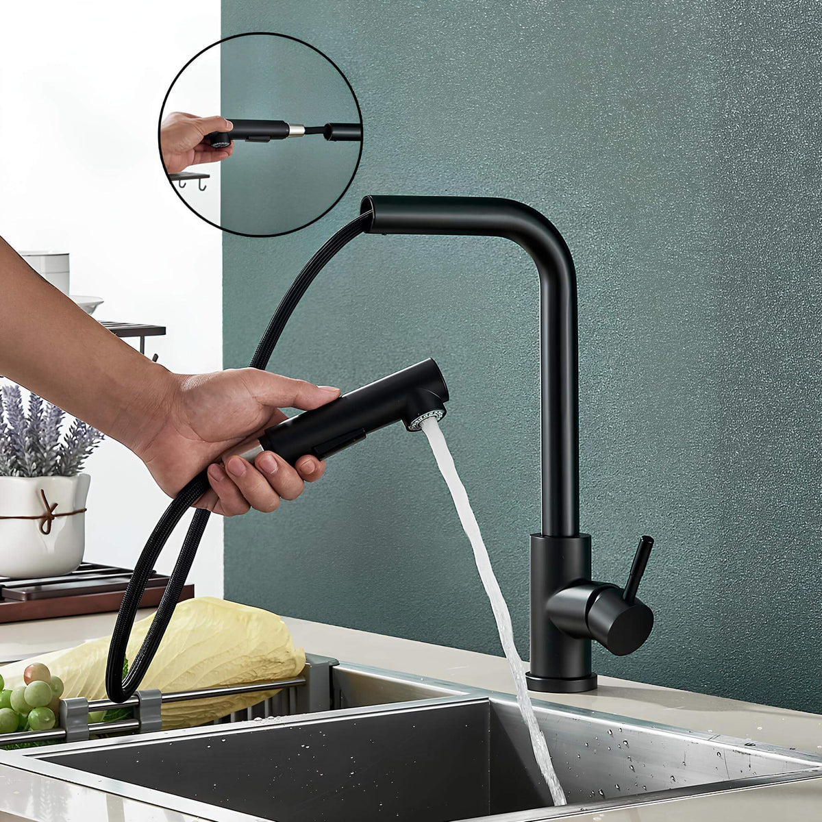 Robinet évier douchette rétractable noir inox